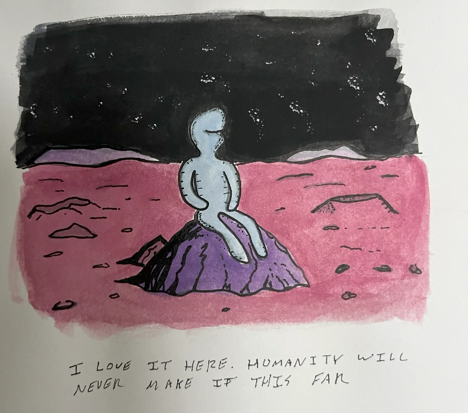 A hand-drawn illustration of a light blue alien figure sitting on a purple rock on a pink planet under a starry black sky